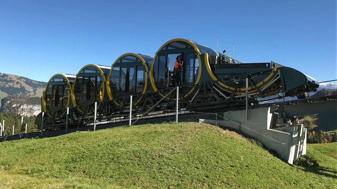 Each of the Stoosbahn's two carriages can carry 136 passengers and is made up of four circular pods