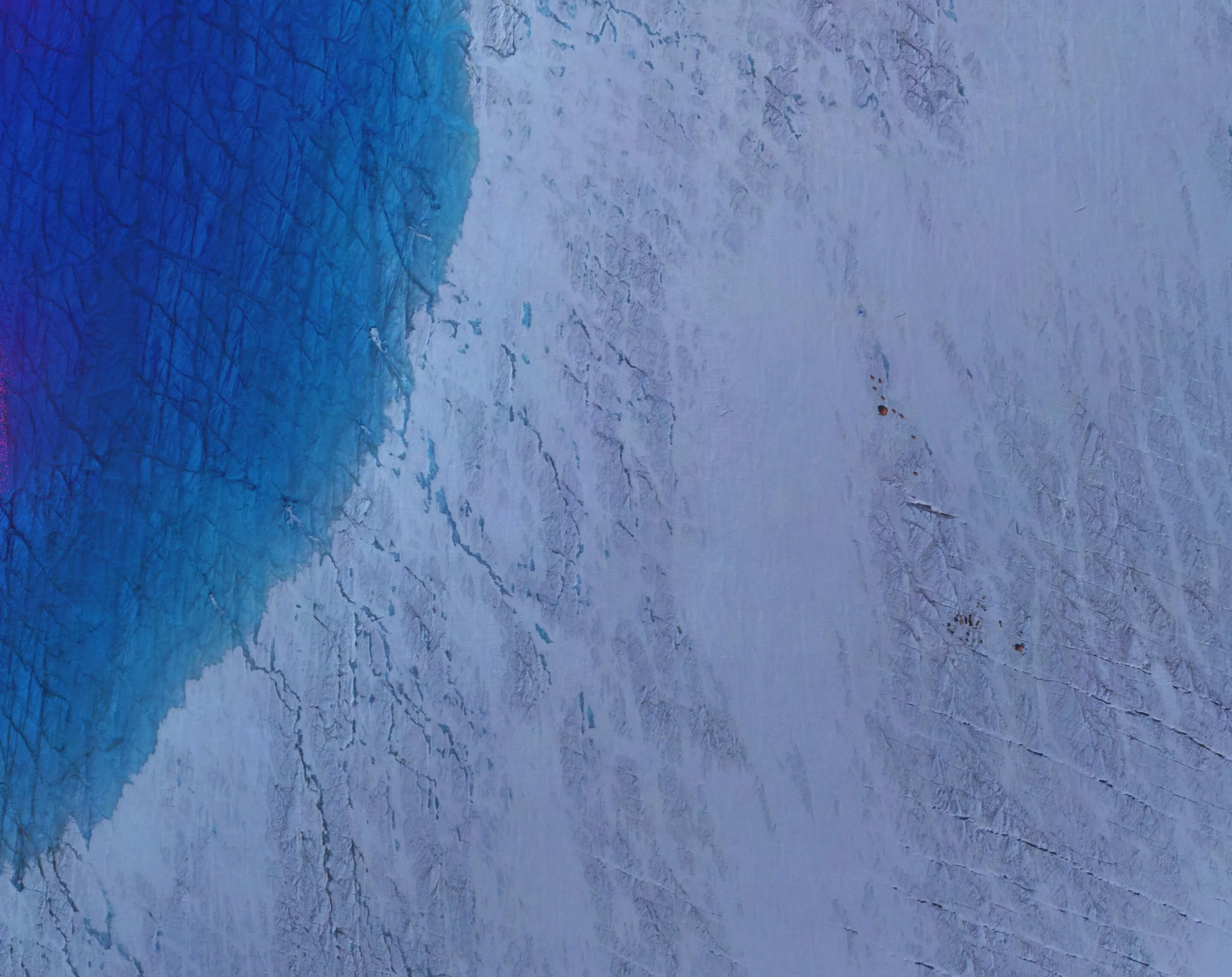 Aerial view of a science camp at Store Glacier, Greenland Ice Sheet