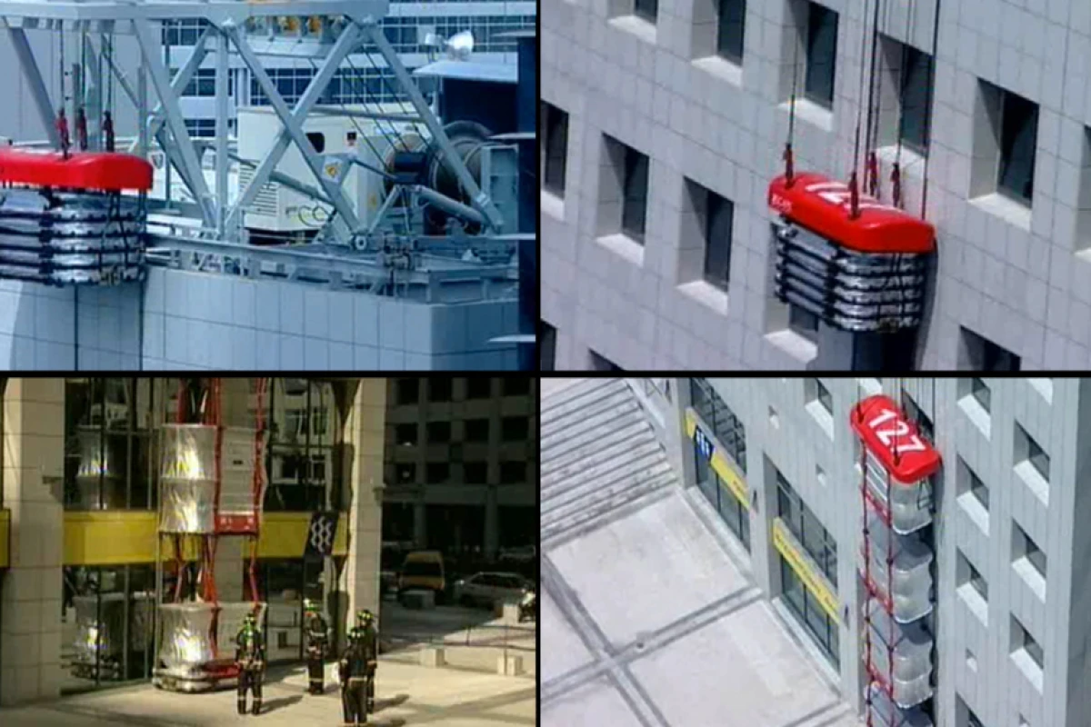 The Escape Rescue System can transport rescue personnel up the building and evacuate building tenants down