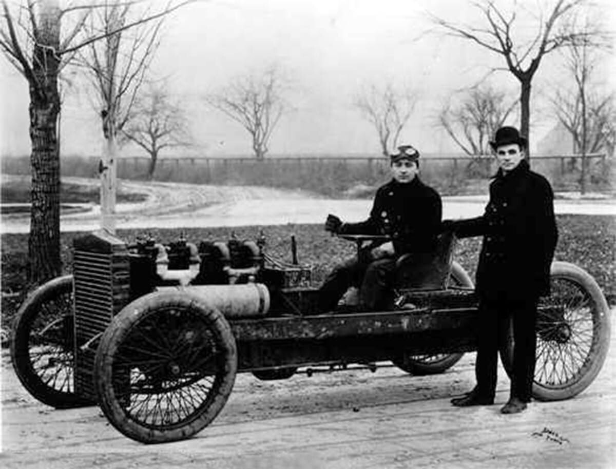 The Henry Ford alliance with Barney Oldfield was fortuitous for both parties. Oldfield launched a glorious career in motorsport (and appears again in this very story), while Henry gained impetus in his ultimate quest using the record to propel him towards global recognition in many spheres. Barney Oldfield took Henry Ford's 999 to 91.37 mph (147.05 km/h) across a frozen lake bed on 12 January 1904. Barney became the first person to travel at over 90 mph other than by rail, and he did so using the brutal 1156 cu.in.(18.9 L) with its four bucket-sized pistons each firing 350 times every mile. At 1,200 rpm, the 999 was geared for 100 miles an hour.