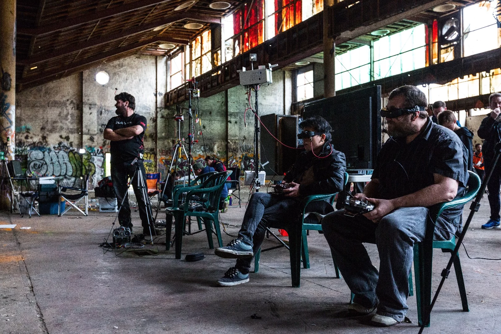 Regularly throughout the afternoon the buzz of drones was punctuated with loud crashes as frames smashed into the walls and ceiling