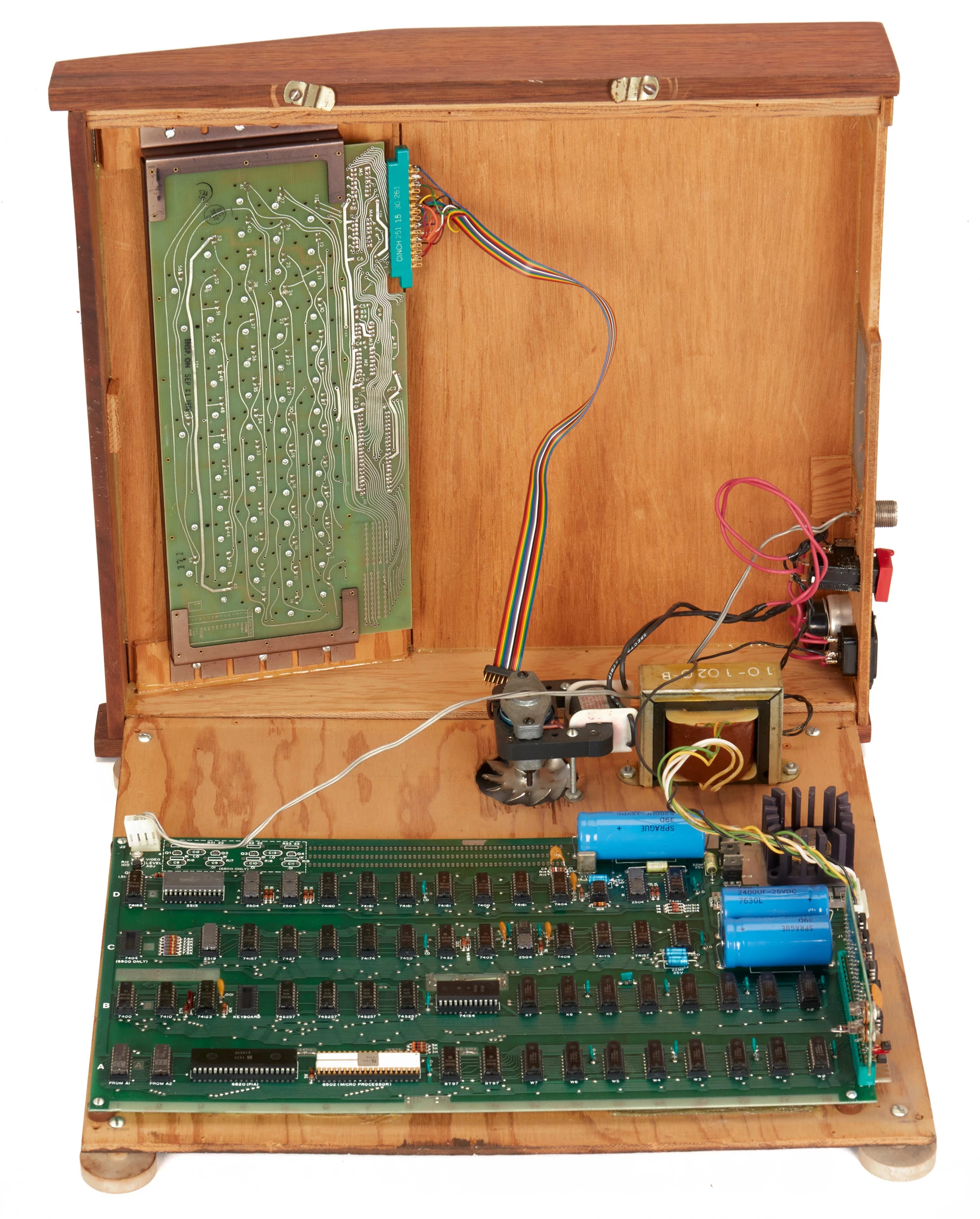 The internals of the Byte Shop Apple-1 in its koa wood enclosure, just as they were when this computer was sold as one of just six fully-assembled personal computers