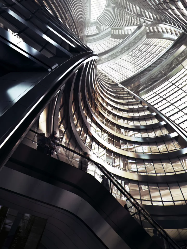 The Leeza Soho's huge atrium twists 45 degrees as it rises to orientate the higher floors with the east-west axis of a nearby main road