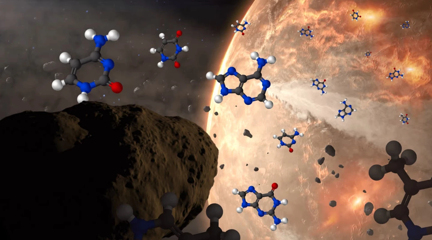 An artist's illustration of an asteroid delivering nucleobases (seen as molecular models) to early Earth