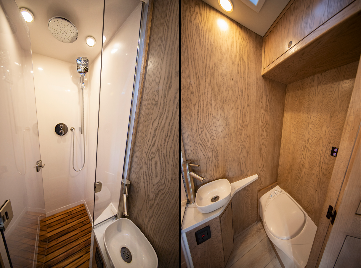 A split-view look at the dry bathroom and its glass-doored rainfall shower