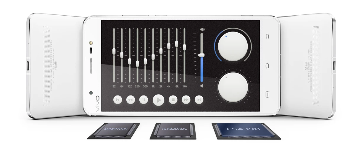 Vivo has teamed up with Cirrus Logic to develop a customized version of the CS4398 DAC, there's a Maxim MAX97220 headphone amp and a TLV320 ADC from Texas instruments