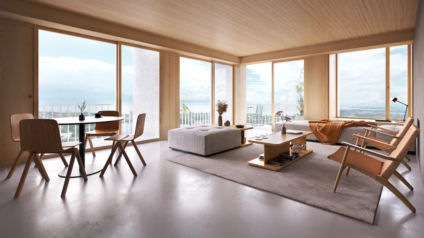 The Tilia Tower will include apartments with a feature a tasteful decor that highlights the natural beauty of the wood