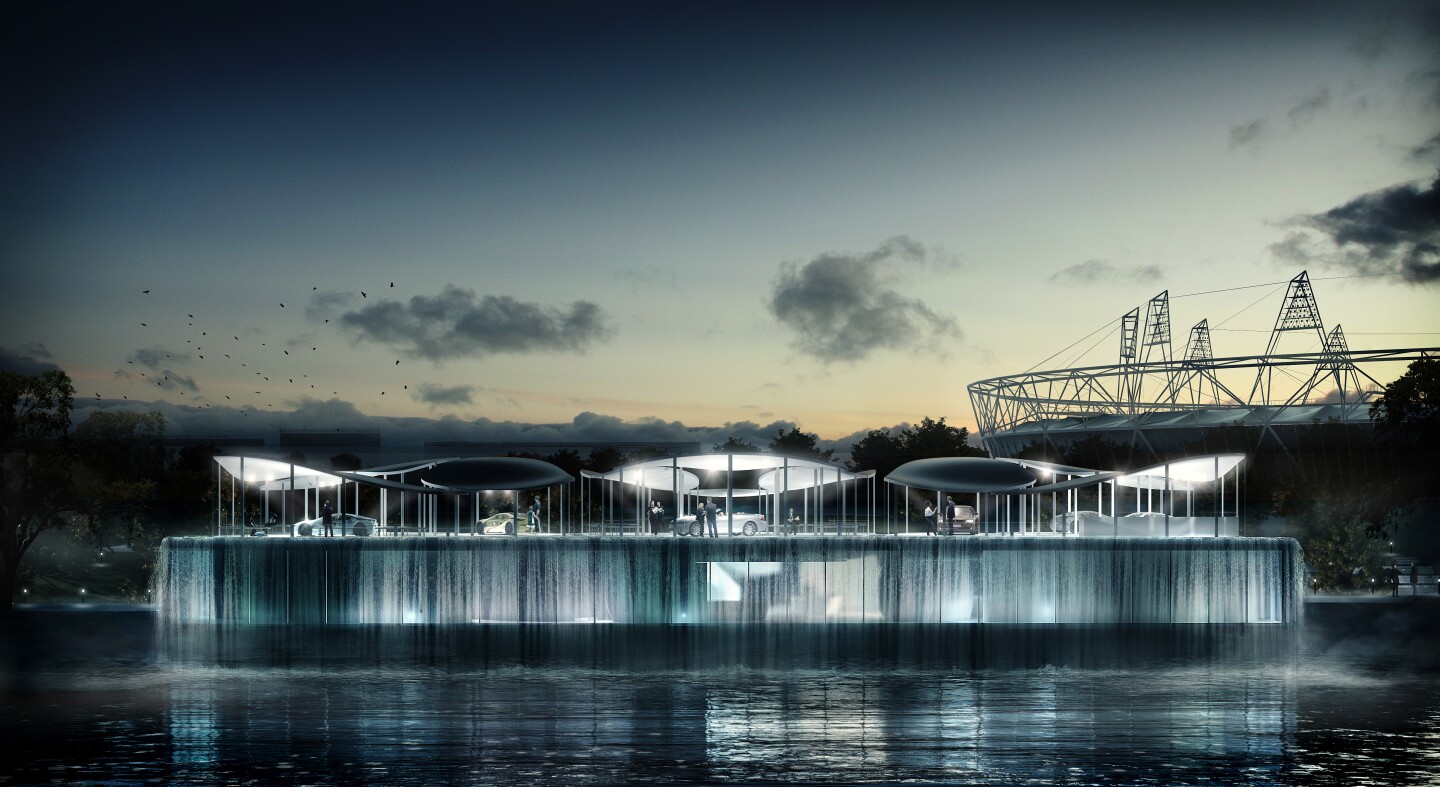 BMW's Olympic Pavilion built on top of a waterfall
