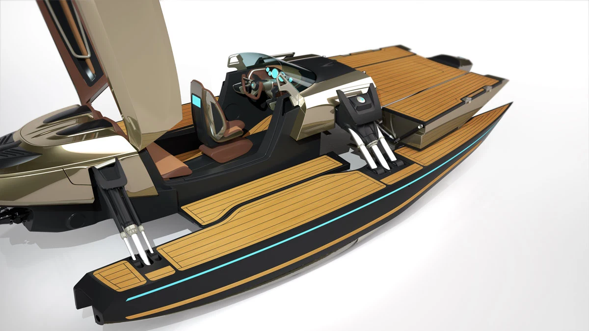 The nose of the central hull folds into a deck when occupants want to anchor for a swim