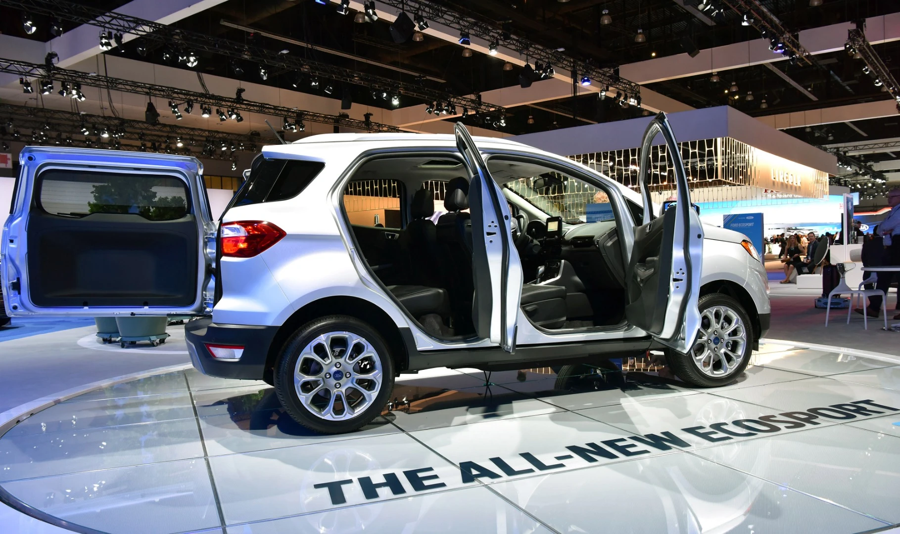 The swing-out rear hatch is seen in this photo from the EcoSport's North American debut