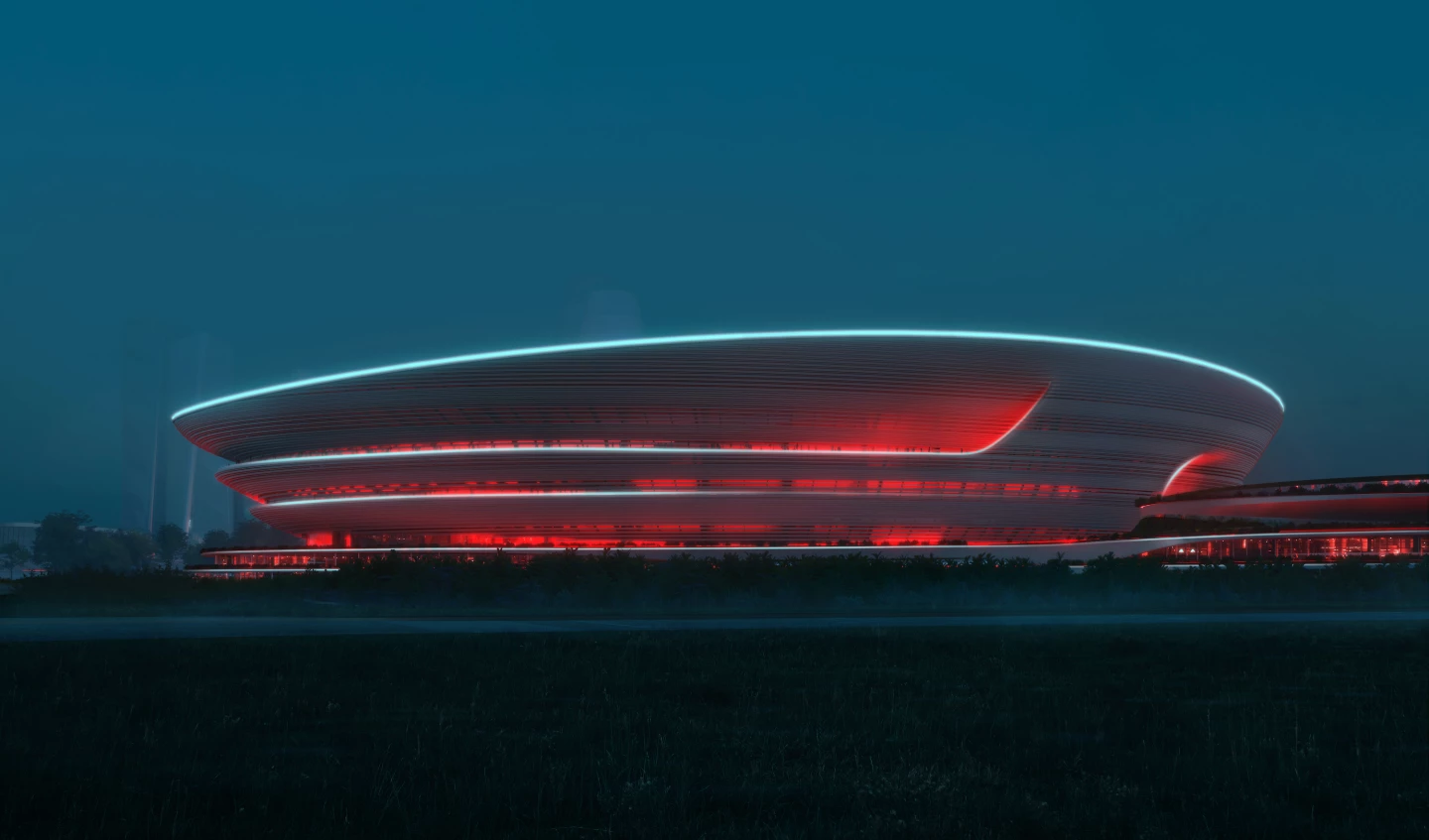 The Hangzhou International Sports Centre's louvered facade will lend it a stunning appearance when illuminated at night