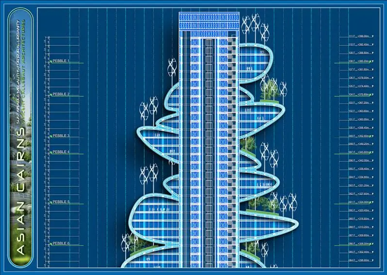 The main tower would link each section and essentially transform each building into a self-sufficient community, reducing the need for much outside travel and decreasing carbon emissions in the area as a result