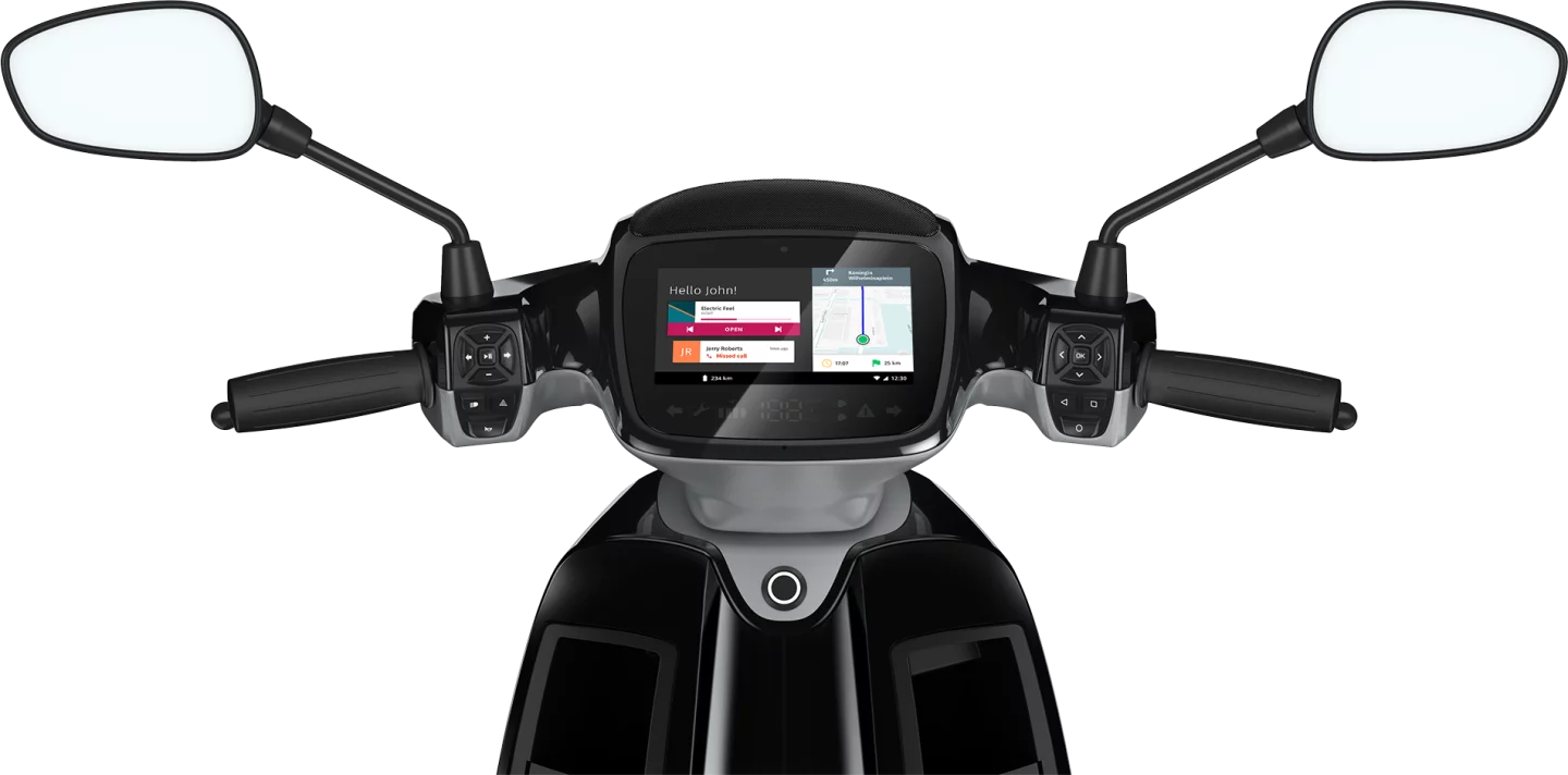An AppScooter rider can setup navigation, launch apps, or stream music from a Bluetooth-paired smartphone using a combination of touchscreen tapping and controls on the handlebar