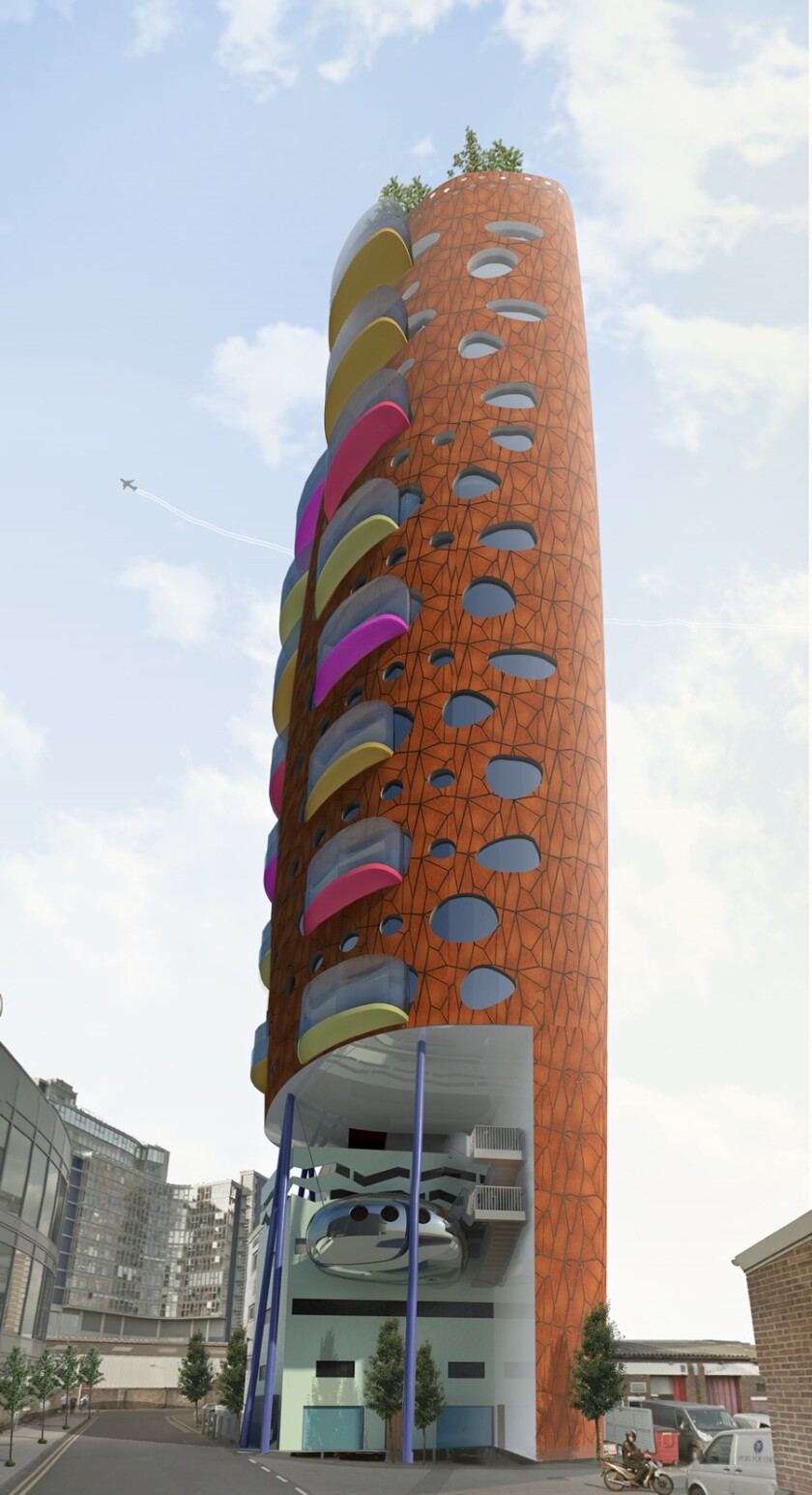 The stilts themselves are purple in the existing designs and the tower will be clad in weathered steel