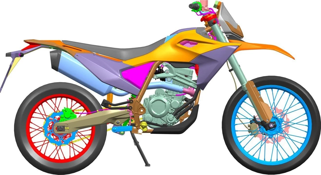 The design on the enduro shows a high-mounted front fender and a small headlight that looks fixed to the bars, set into a nose cowl