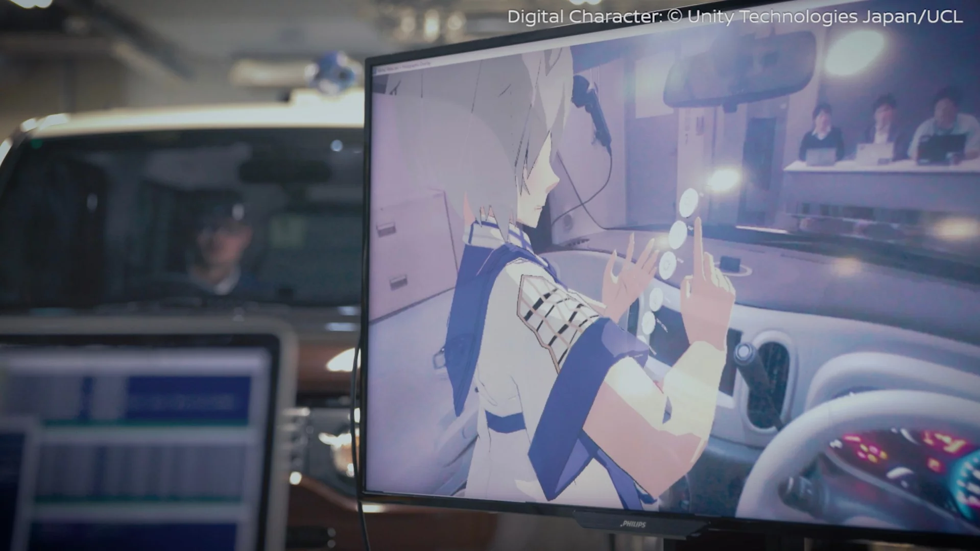 For the person in the car, an expert guide avatar is explaining local attractions and points of interest via the I2V system