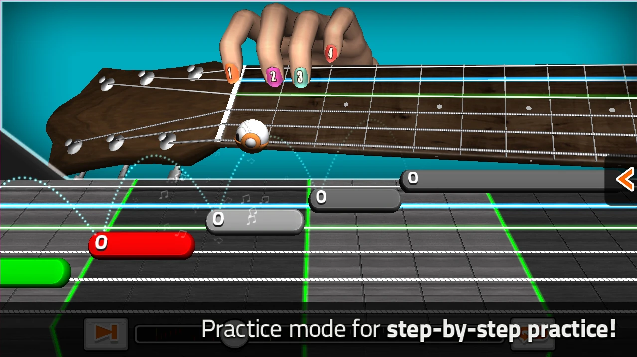 The GuitarBots practice mode walks players through songs at their own pace, showing finger position and timing