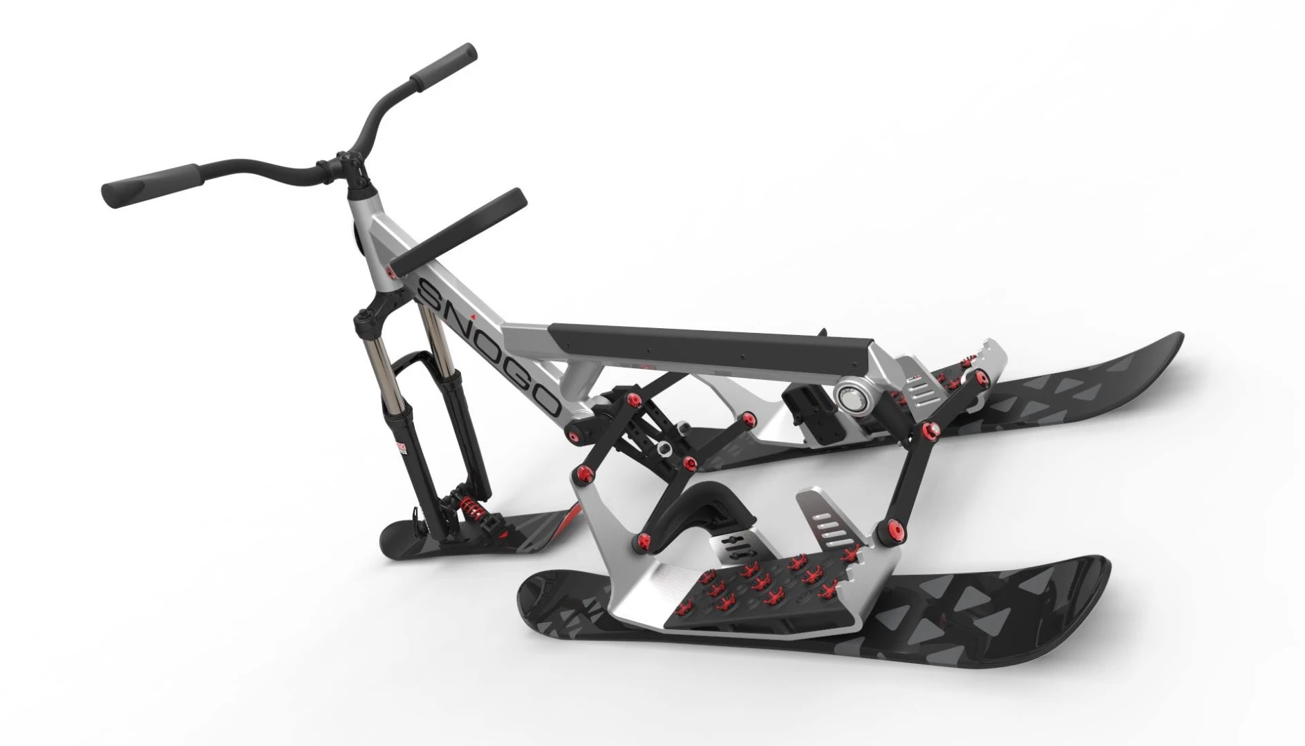The rear skis include open bindings and grip pads
