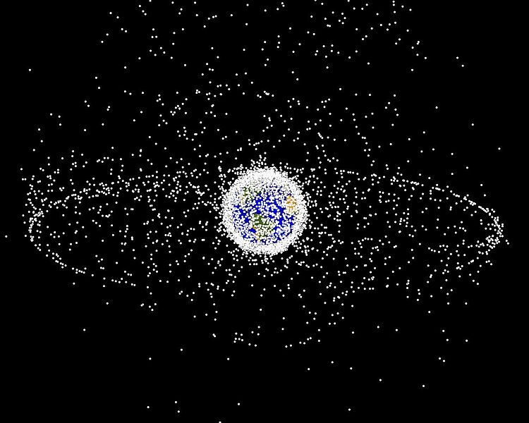 Trackable (>4 in. or 10 cm) orbital debris in orbit around Earth. Largest ring are satellites in geosynchronous orbit (Image: NASA)