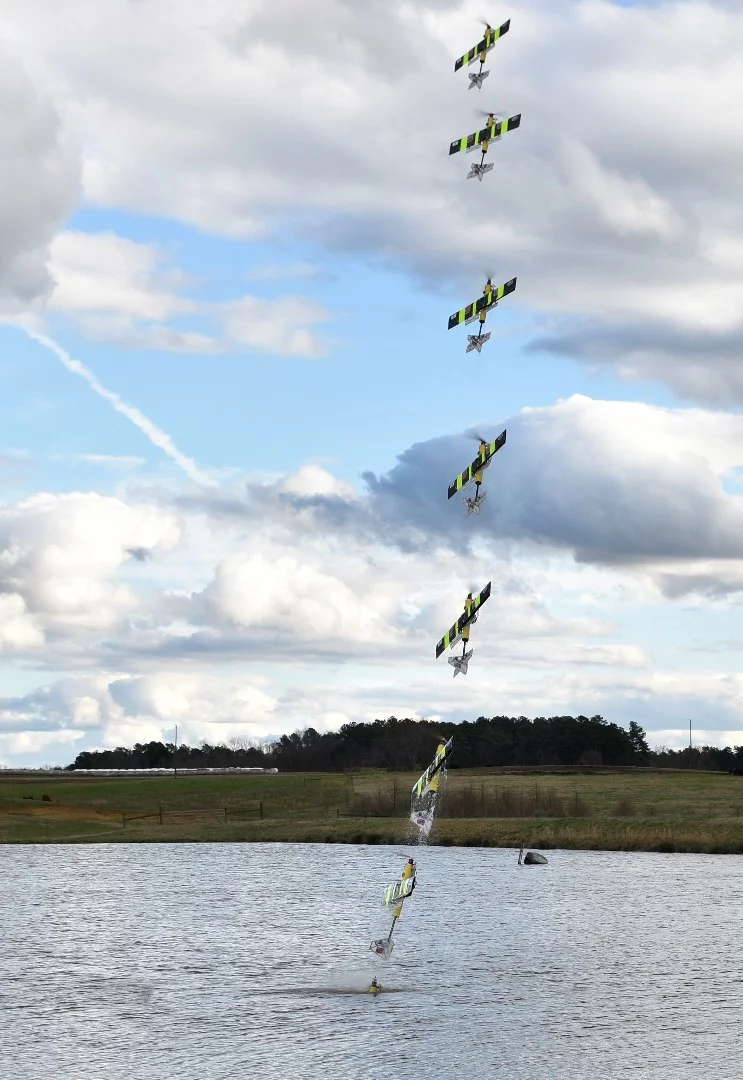 A timelapse image of the EagleRay XAV bursting out of the water and taking to the skies during a field test