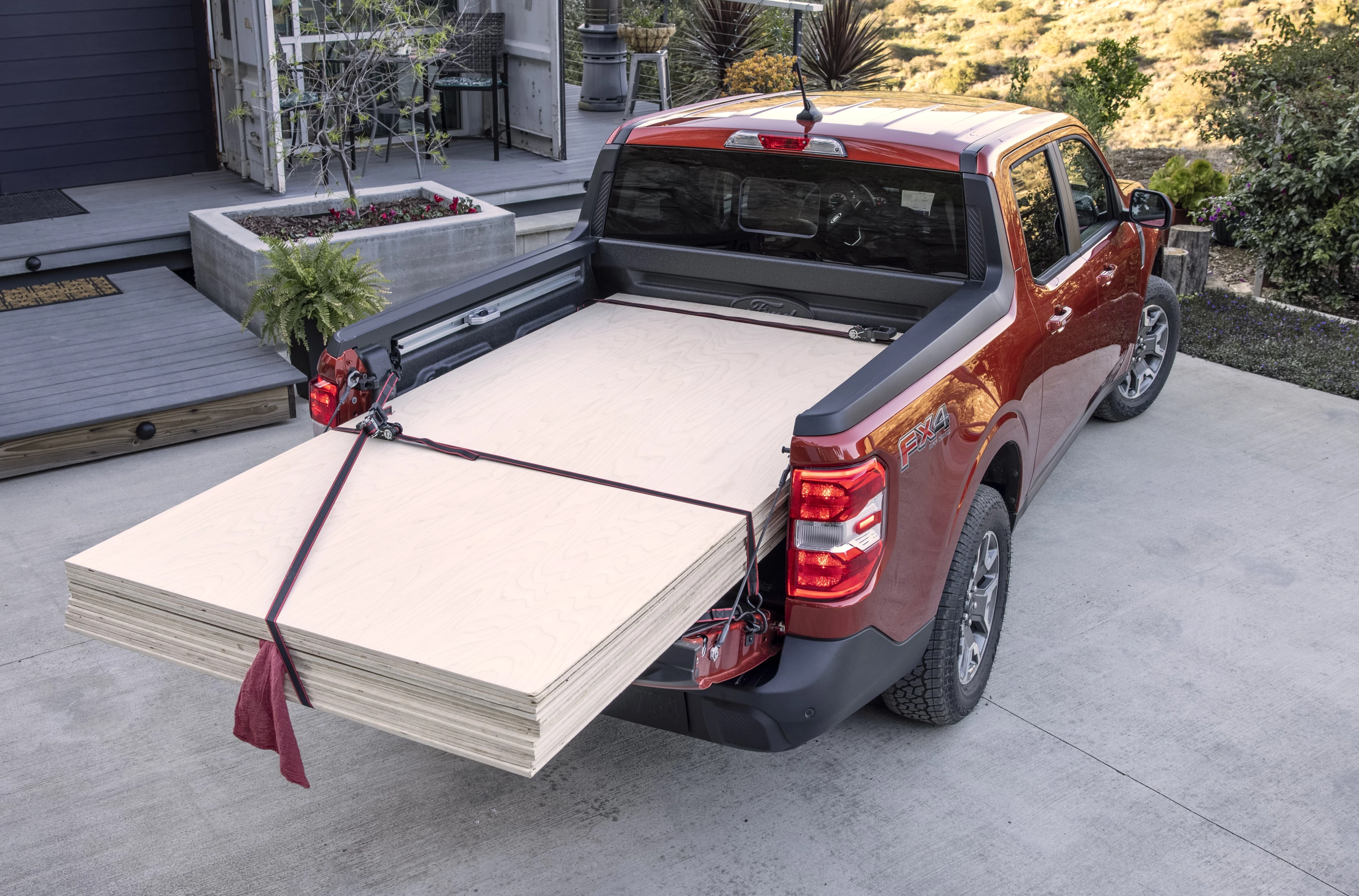 With the tailgate in the half-cocked position, the Maverick can haul up to 18 sheets of plywood