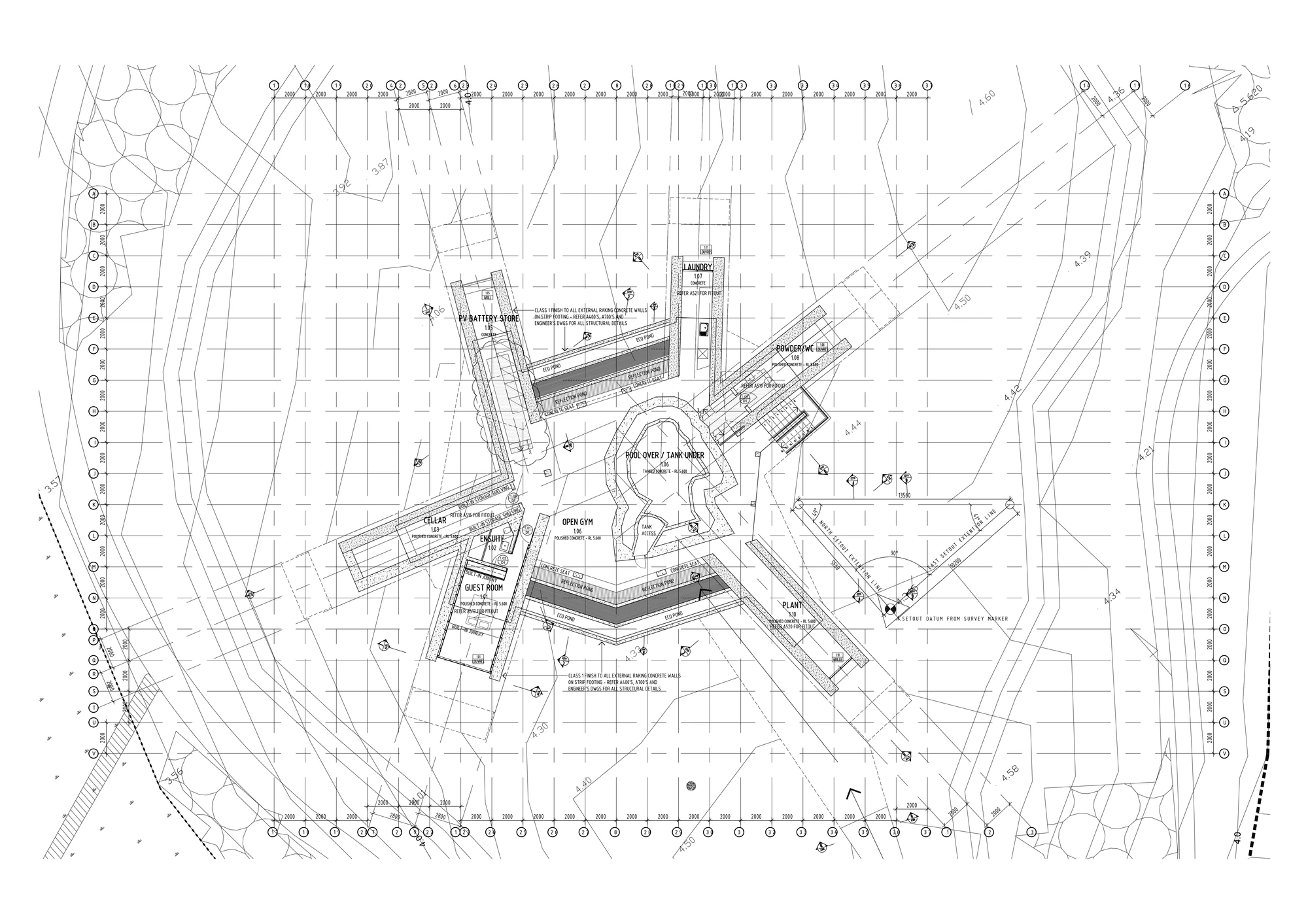 The blueprints show two floors comprised of seven bedrooms protruding from a larger living area