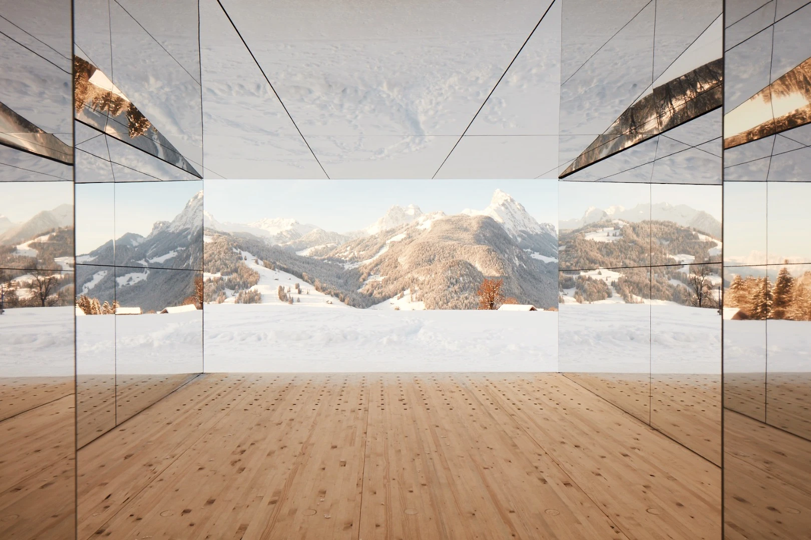 Mirage Gstaad's mirrored finish covers the entire exterior, and most of the interior, except for a wooden floor