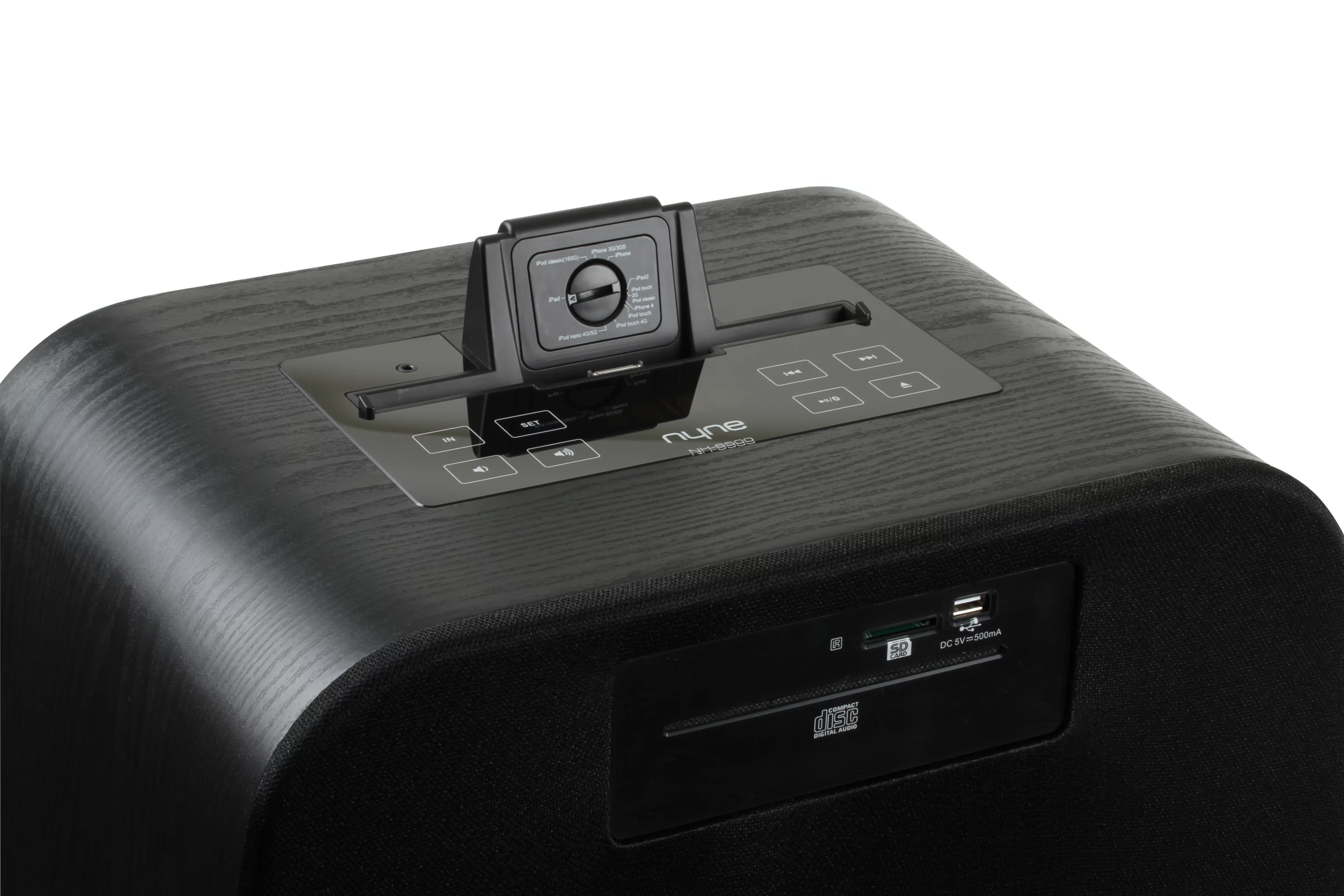 A prominent docking bay on top adjusts to fit most models of iPods, iPhones, and iPads