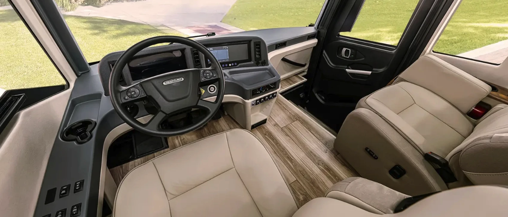 The Freightliner XCM chassis brings a comfy cockpit with 12.3-in infotainment/nav system