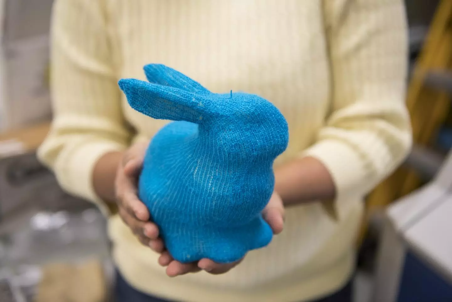 A knitted rabbit, created using the technology