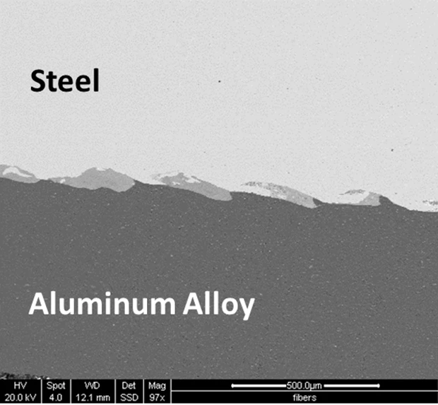 A microscopic view of a steel and aluminum alloy weld, made using the VFA process
