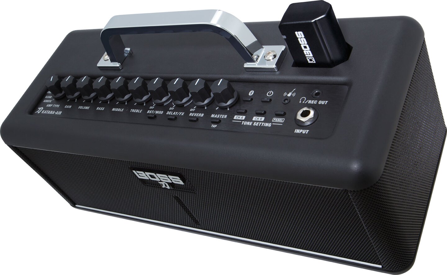 The transmitter's Li-ion battery is charged by plugging the device into the Air amp