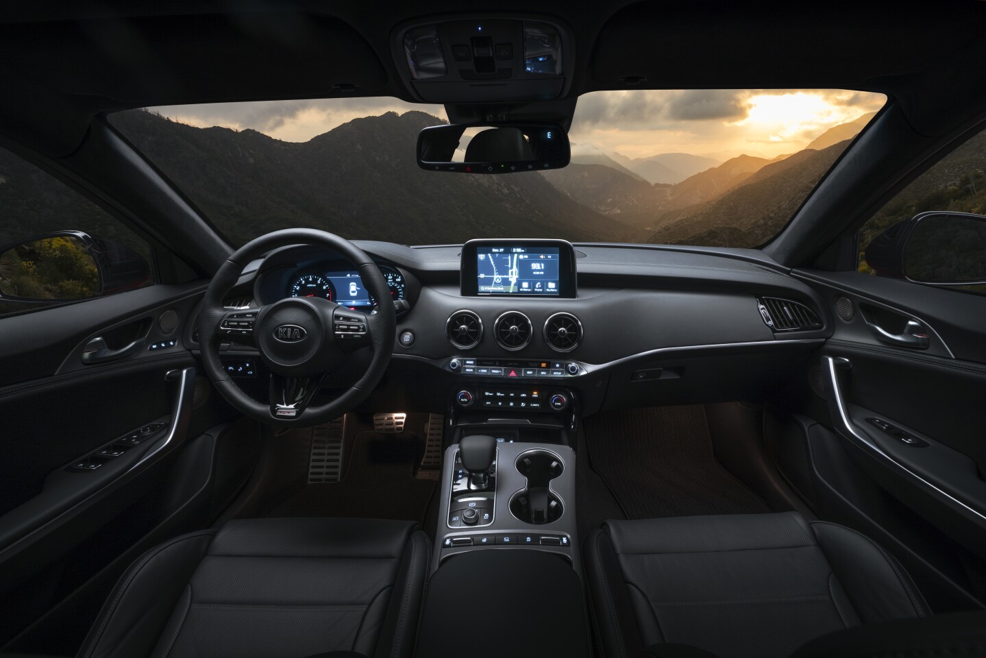 The Stinger has an UVO infotainment system, head-up display and leather-wrapped steering wheel