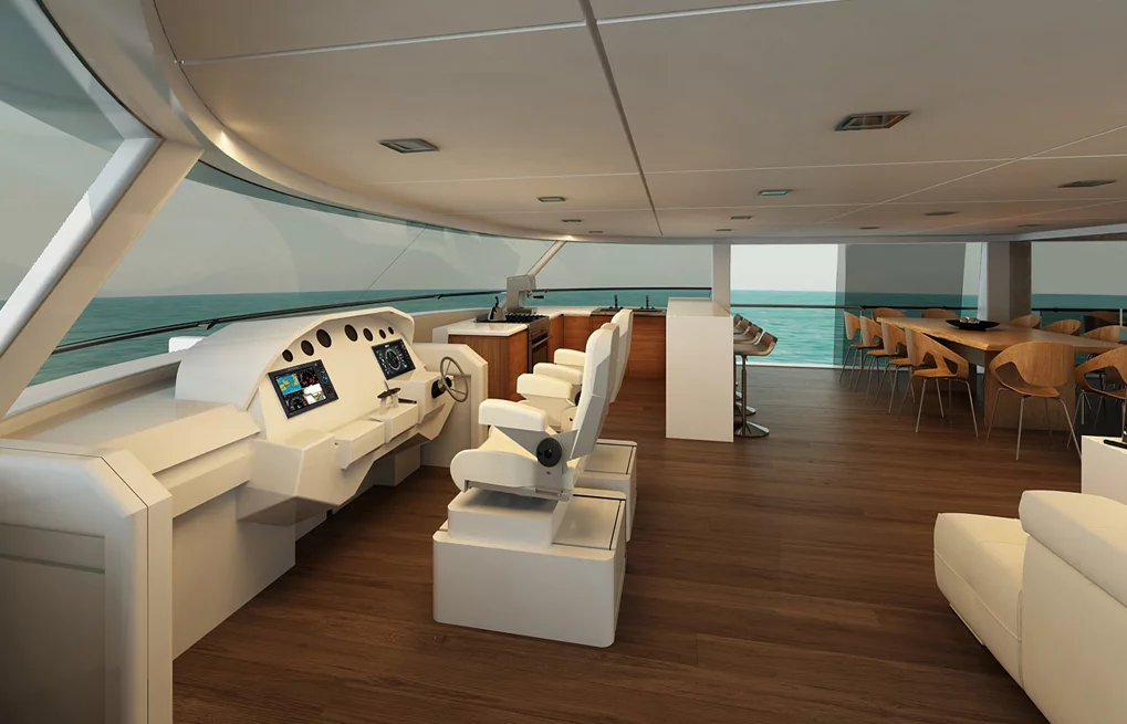 In place of the dual deck and flybridge wheelhouses on some ships, the Flash Cat 67SC has a single driving area