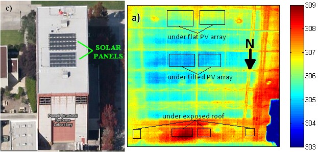 Google Earth image of the Powell Structural Systems Laboratory with a tilted solar panel array on the north side and a flush solar panel array on the center of the roof, alongside a thermal infrared image of the ceiling of the building showing temperatures in degrees Kelvin (Image: USCD Jacobs School of Engineering)