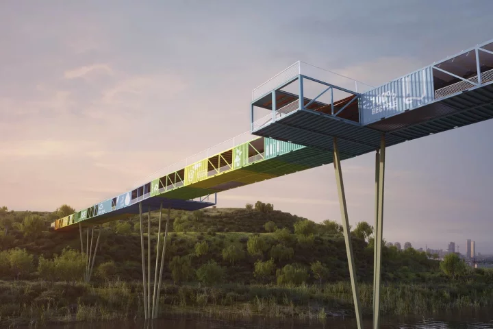 Yoav Messer Architects' competition-winning "Ecotainer Bridge" design (Image: Yoav Messer Architects)