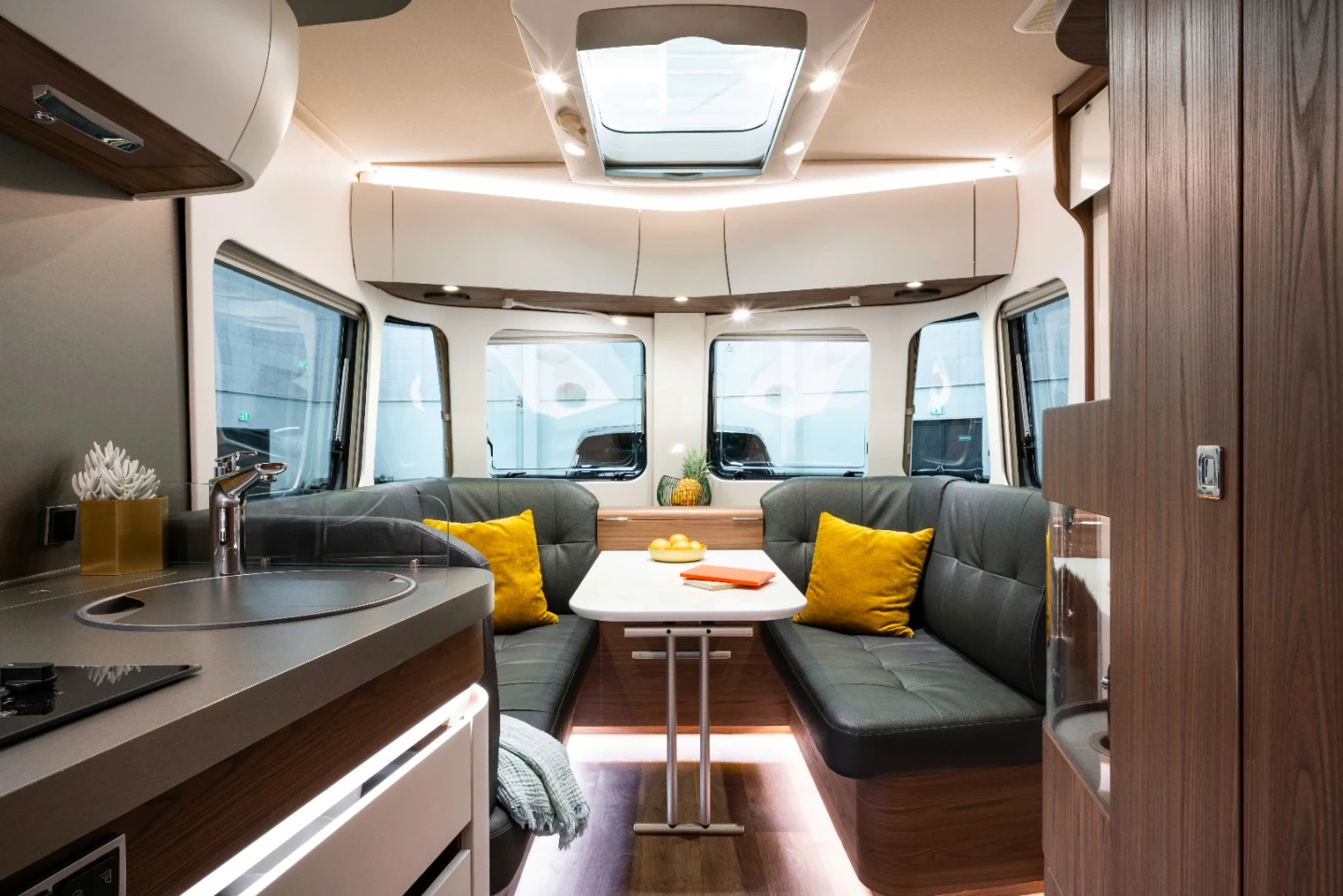 Inside the Touring 820, Eriba blends dark and light materials, finishes and trim