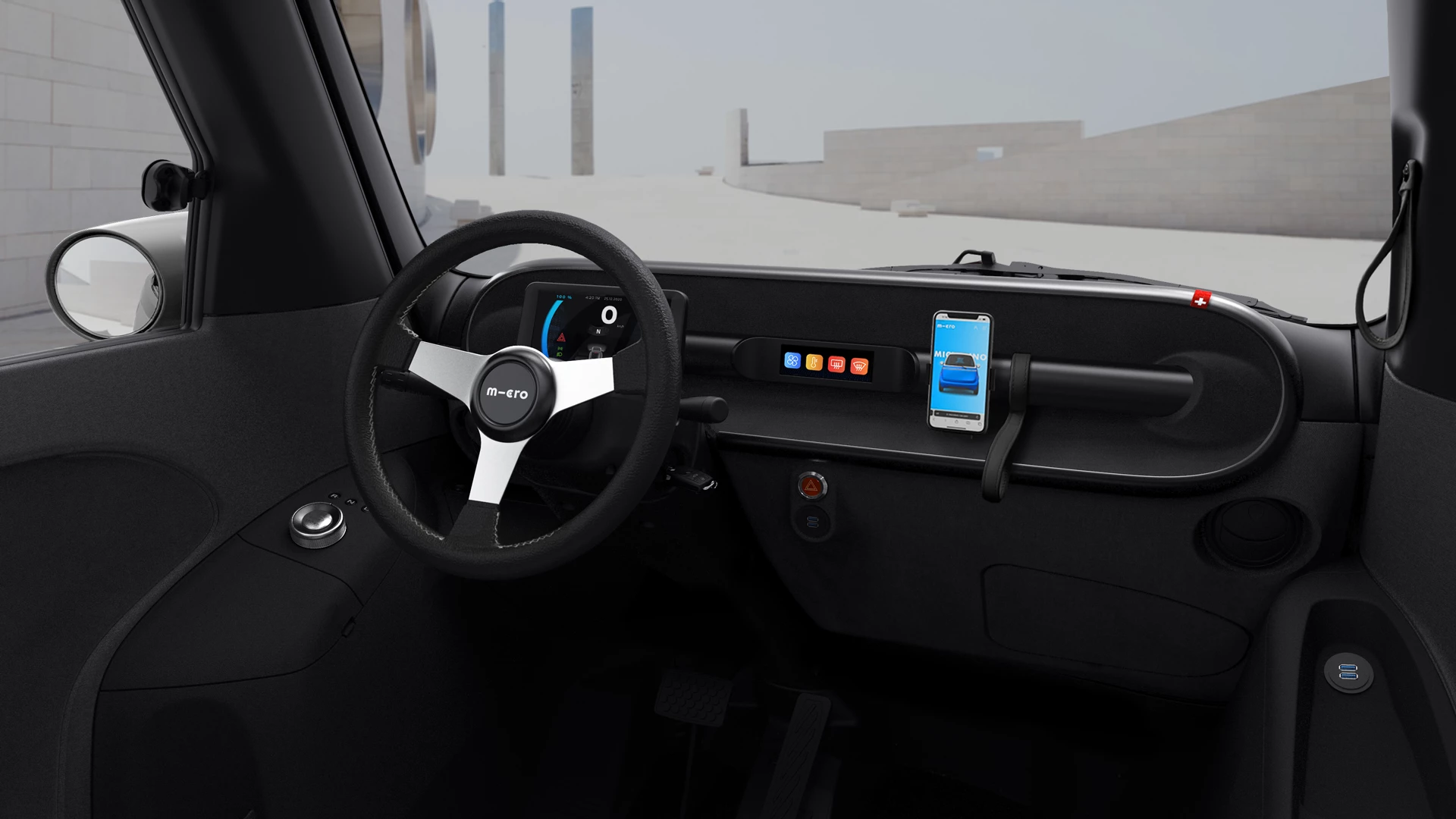 The inside of the front door has a bar for mounting a smartphone, which can be used for navigation