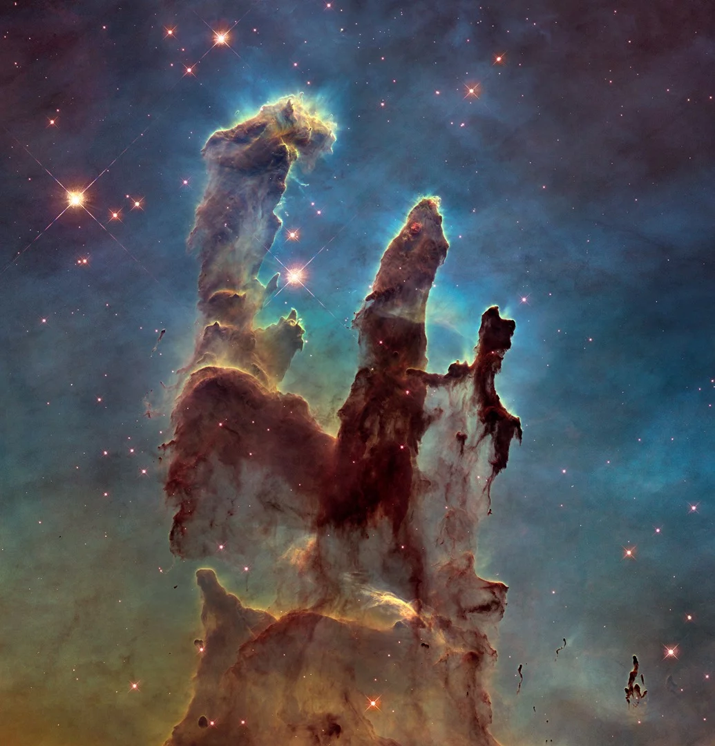 Commonly known as the Pillars of Creation, this active star-forming region is one small part of the Eagle Nebula, located 7,000 light-years away. This image, recently taken by Hubble, is one of the most detailed pictures of the formation – blue is oxygen, red is sulfur and green is both nitrogen and hydrogen.