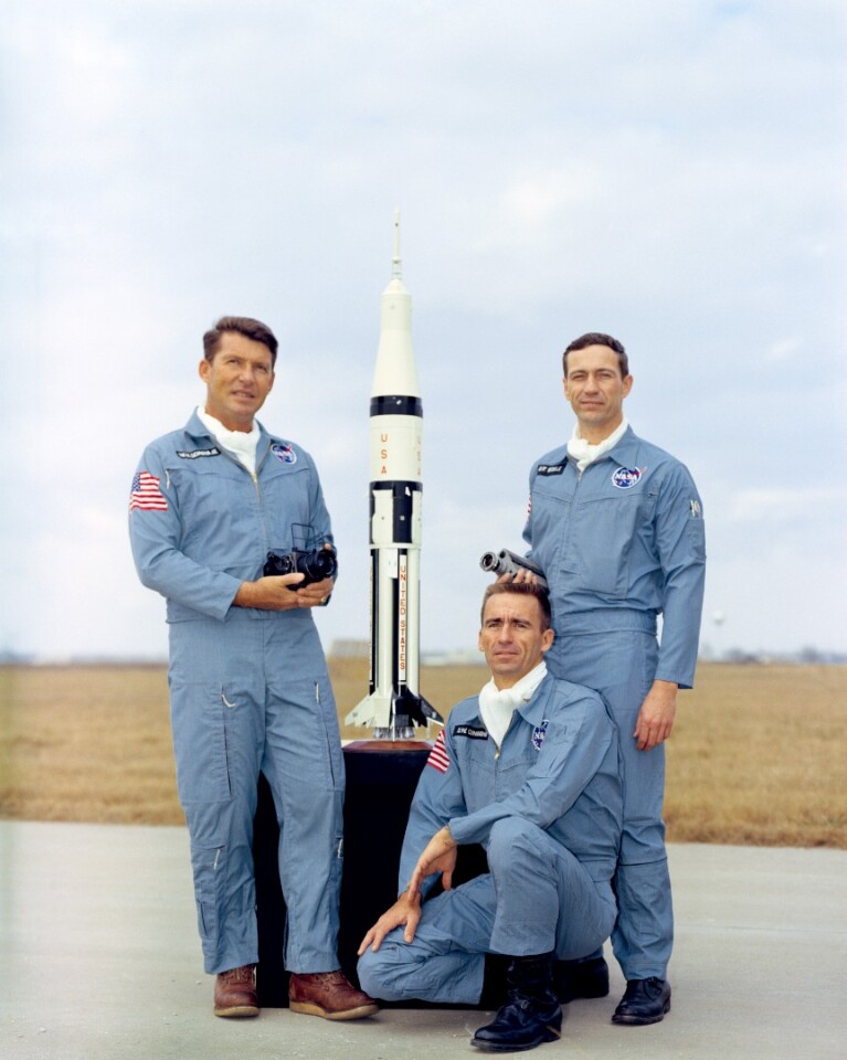 Portrait view of the Apollo 7 Prime Crew in a group