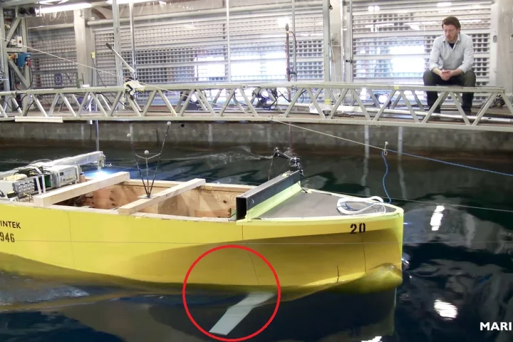 The whale tail-equipped model, being tank-tested in Norway