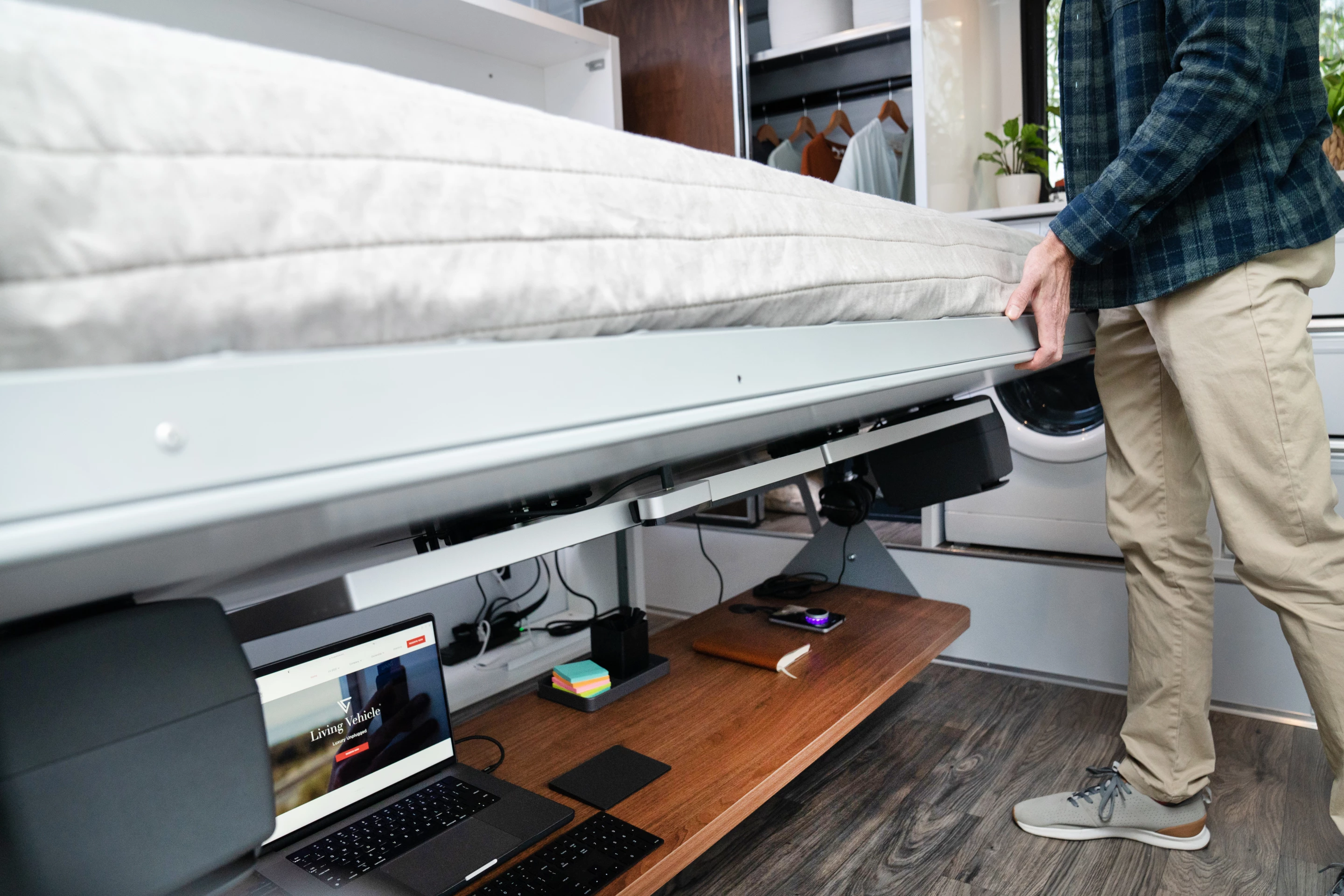 When the bed folds down, the desktop stays level, keeping everything in place