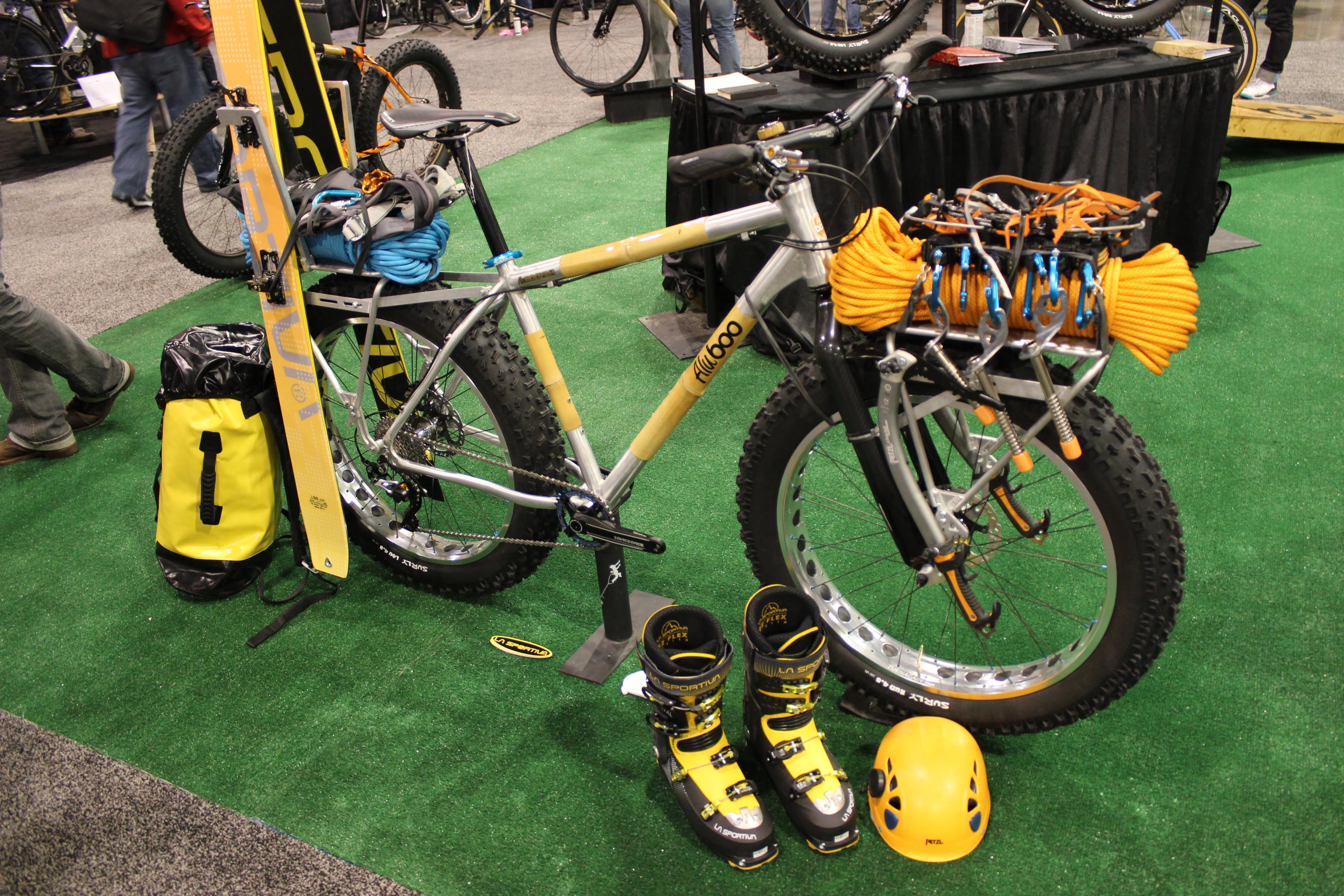 Here's one of Boo's aluminum/bamboo Aluboo fatbikes, specially outfitted as a ski/mountaineering bike