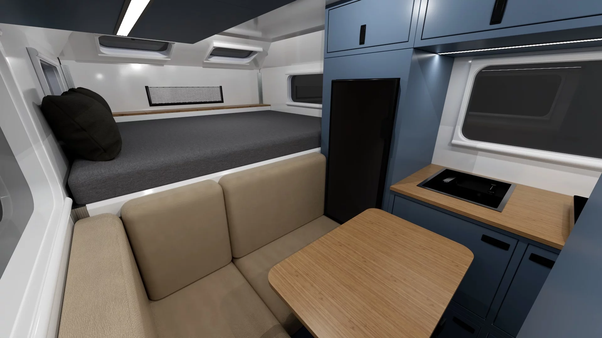 The $48,995 "Premium" layout includes a corner dining lounge, galley area with available fridge and induction cooker, and an alcove RV-queen-size bed