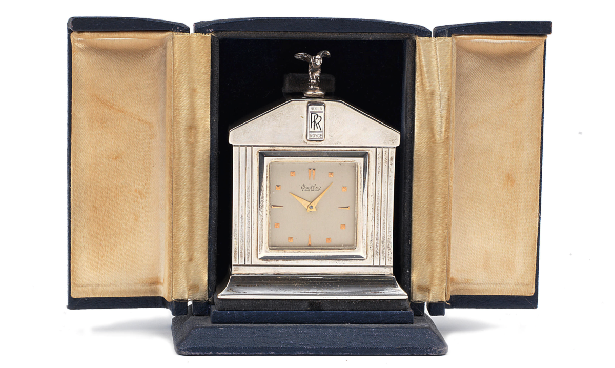 Auction Link: Bonhams | Estimate: €7,500 to €9,500 | A silver radiator-shaped Rolls-Royce 'Spirit of Ecstasy' desk clock by Breitling