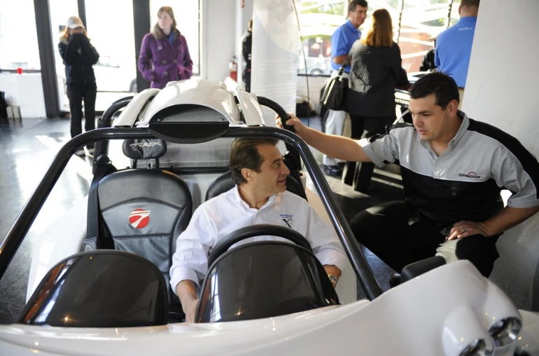 X Prize Foundation Chairman and CEO Dr Peter Diamandis learns more about qualified team OptaMotive from CEO and team leader Mark Demers