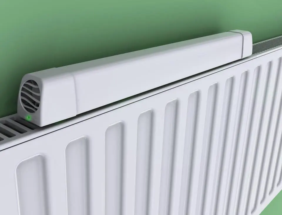 The Radiator Booster is a temperature-activated fan, that draws warm air out from behind a radiator and into the room
