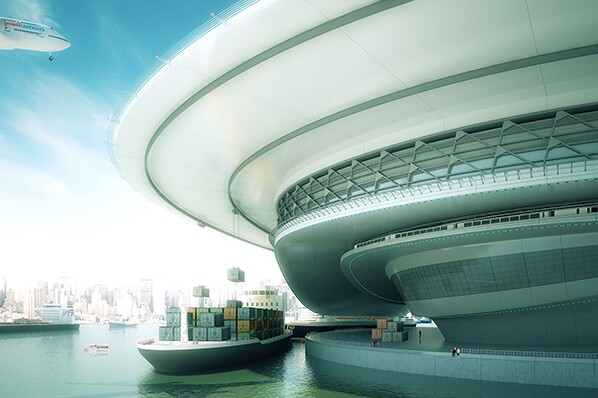 To reduce air traffic and scale the existing infrastructure to cater for super size planes and cargo ships, the ‘Shareway’ will link to the ‘Superhub’ which provides an appropriate size and expedient air and ship port (Image: Höweler+Yoon Architecture)