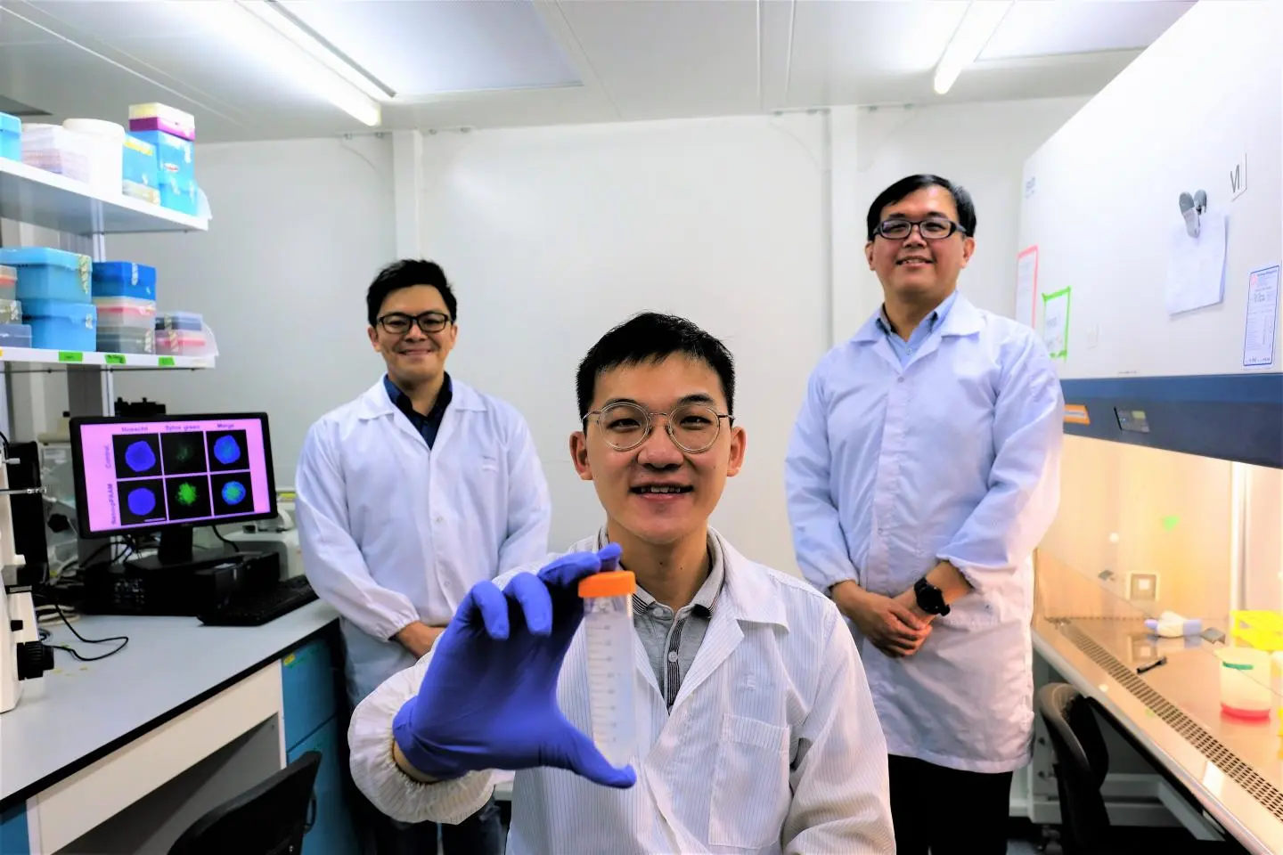 Members of the research team behind the new nanoparticle, from left to right, Assistant Professor Dalton Tay, Research Associate Kenny Wu and Associate Professor Tan Nguan Soon