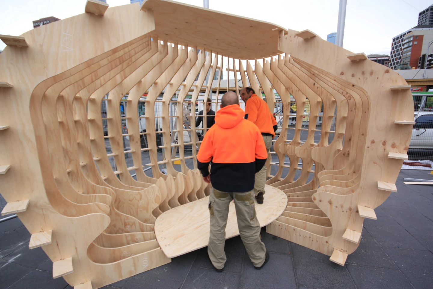 The shelter is constructed from pre-cut, laser-shaped plywood boards